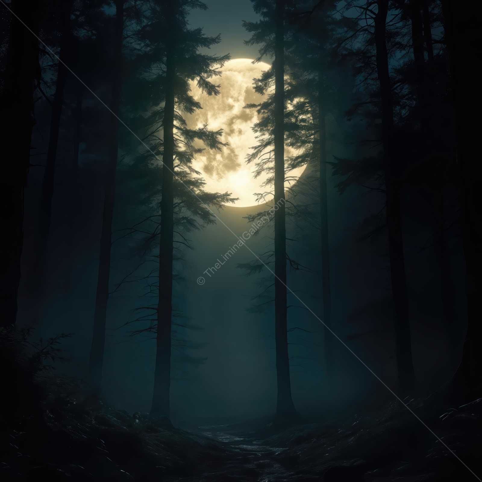 Whispers of the moonlit forest on a misty evening in nature's liminal realm