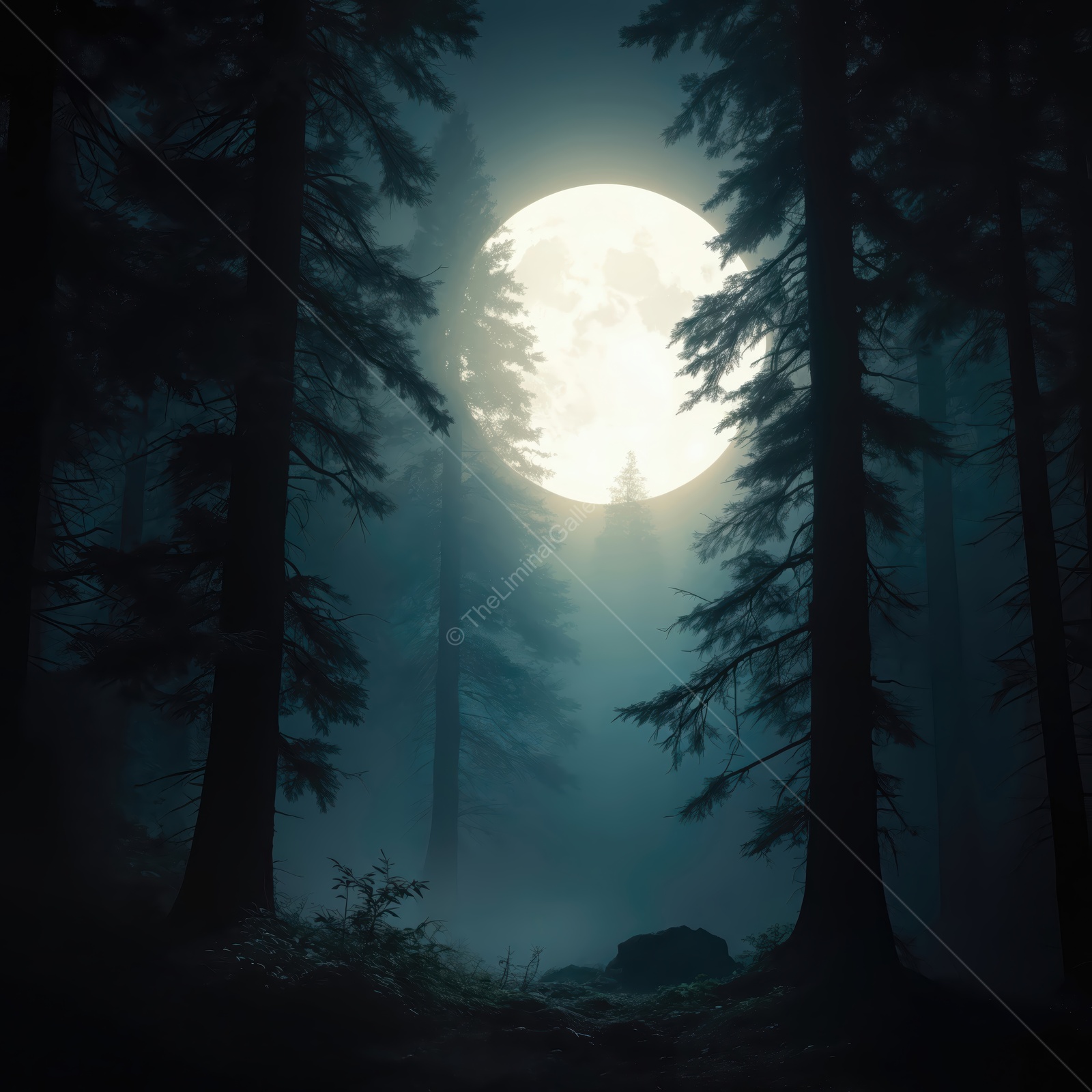 Mysterious moonlight filters through ancient trees in an enchanting forest at twilight