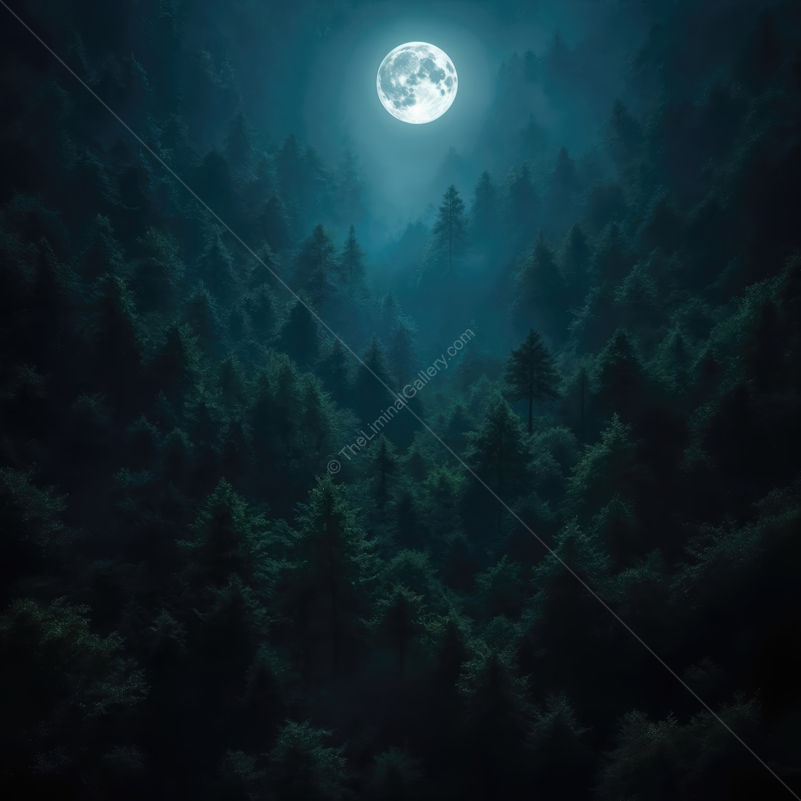 Moonlight bathing the dense forest in a serene, dreamlike atmosphere during the twilight hours