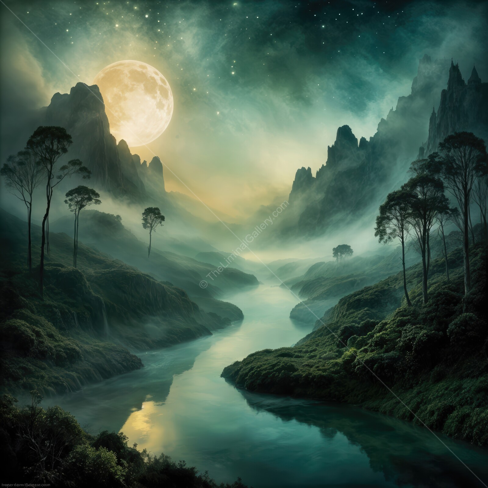 Moonlight serenade over a tranquil river beneath majestic mountains