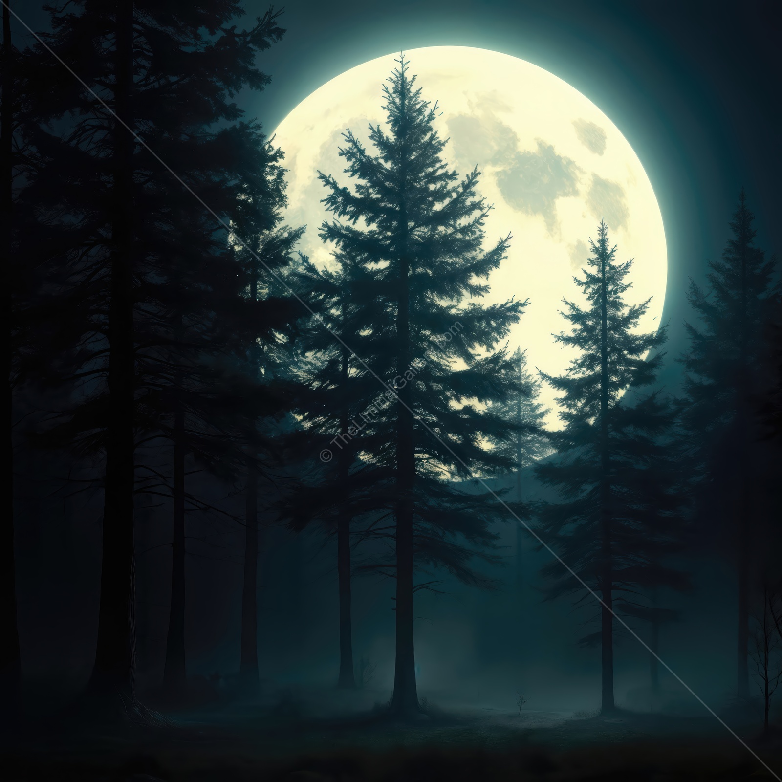 Mysterious moonlit forest enveloped in mist providing a glimpse of natures liminal beauty