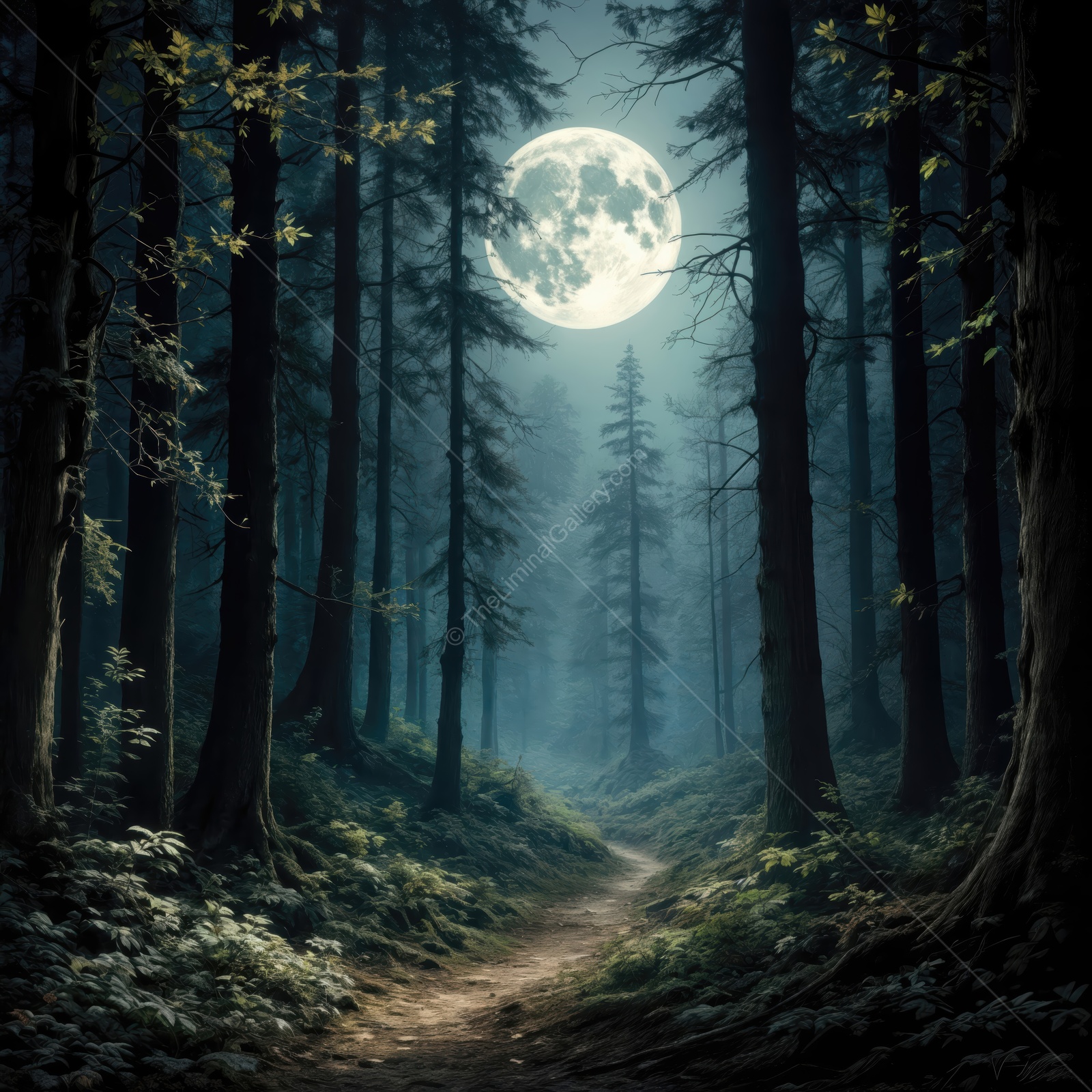 Moonlit path winding through a mystical forest at twilight