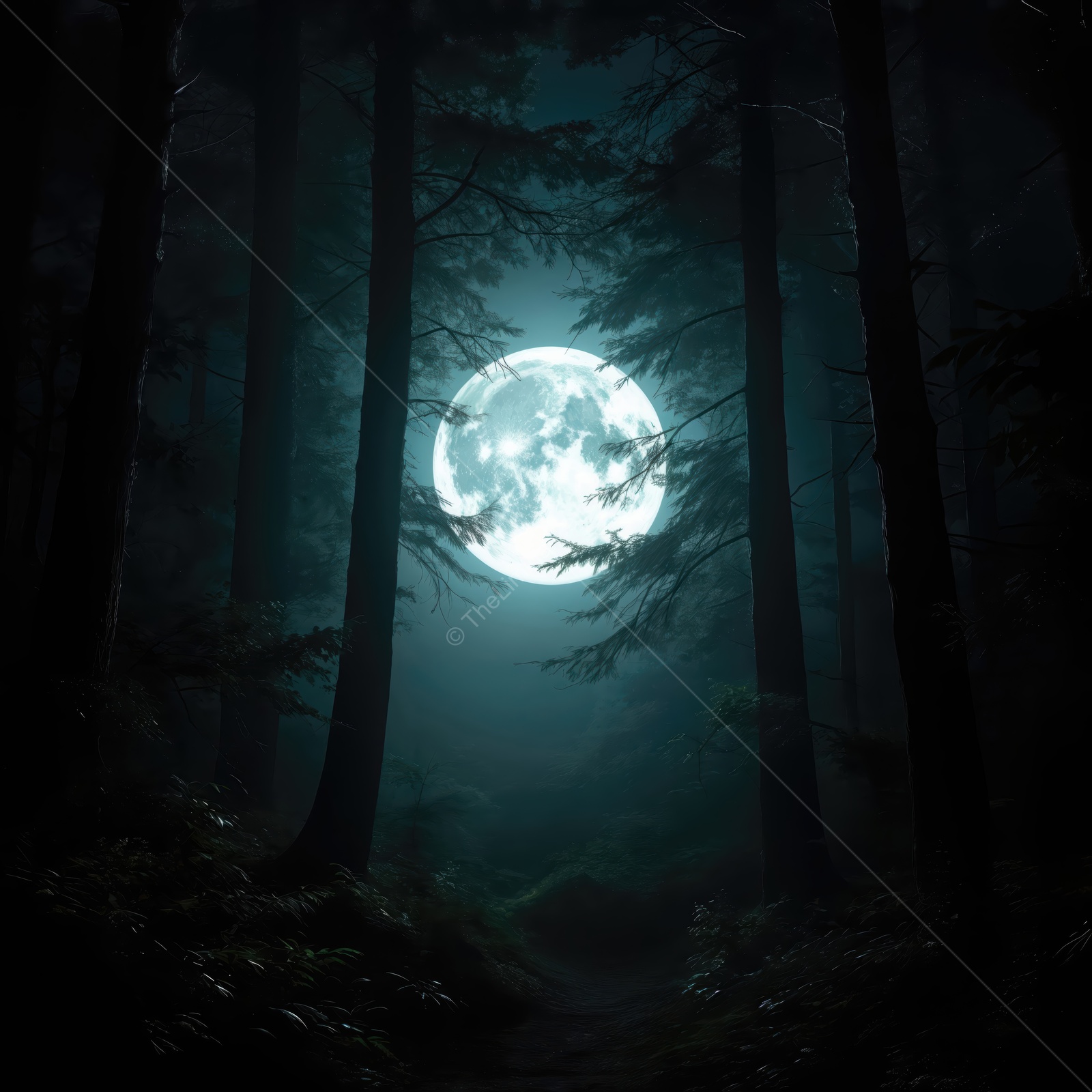 Moonlit forest path reveals a serene and mystical atmosphere beneath the luminous night sky