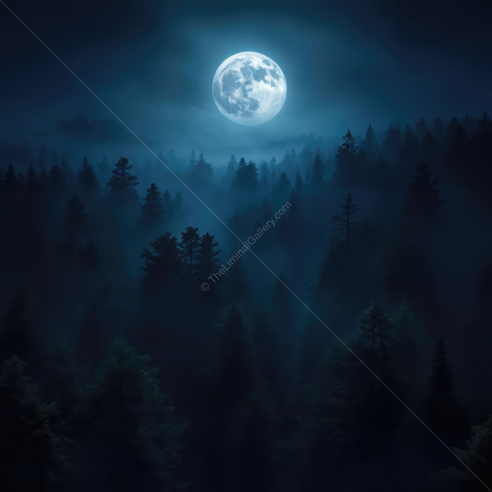 Moonlit whispers dance through shadowy forests under a luminous sky filled with mystery and serenity