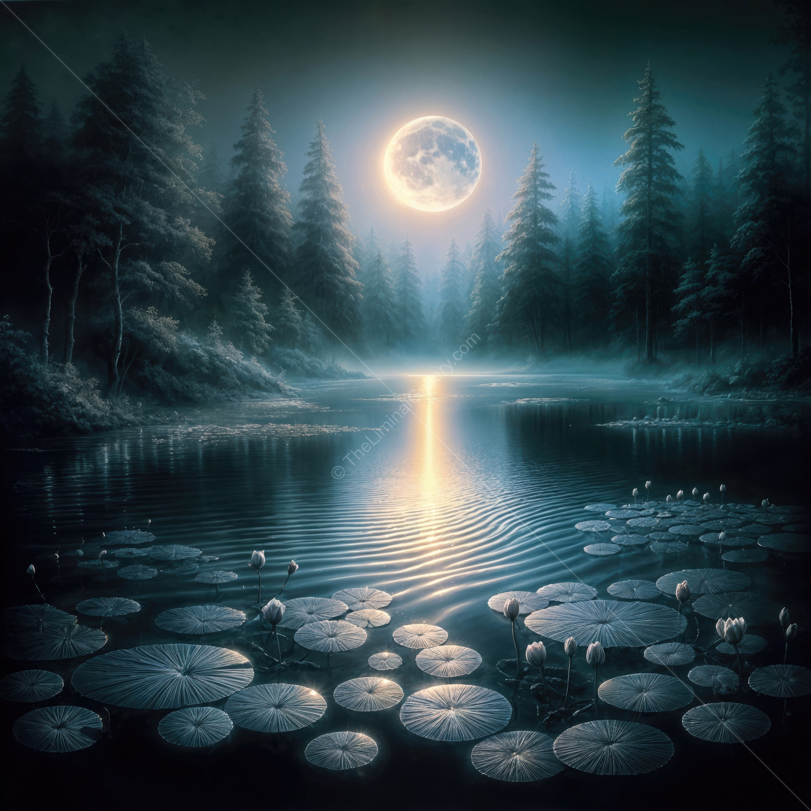 Exploring a liminal realm under the moonlit sky in a serene forest reflecting on a tranquil water surface