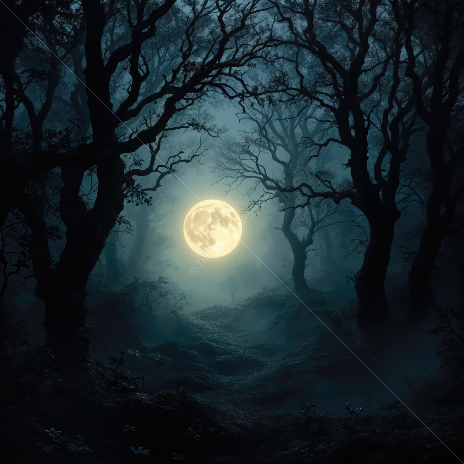 Mysterious moonlight illuminating a shadowy forest at night, inviting wonder and exploration in a liminal space