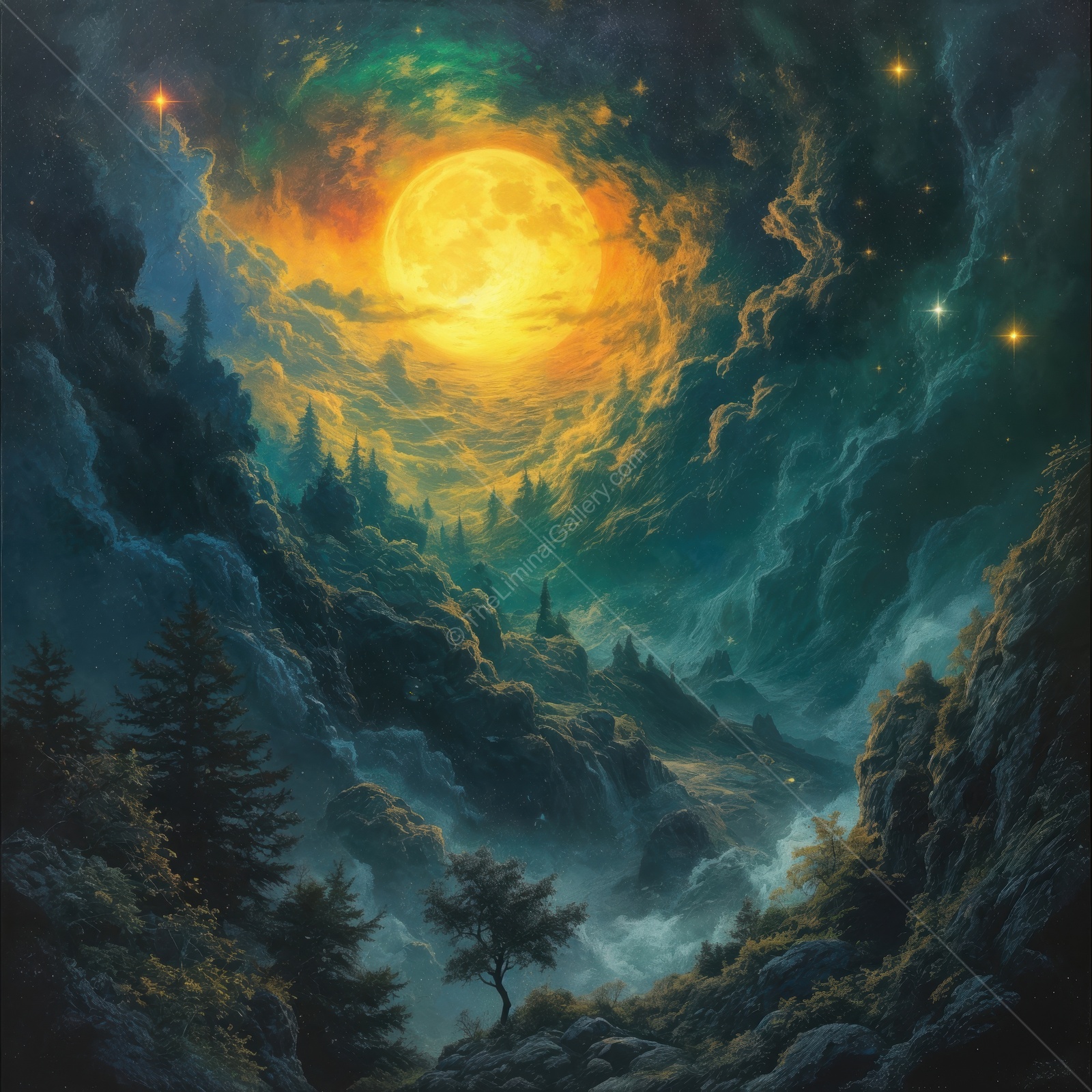 Moonlit escape through a dreamlike forest surrounded by mystical clouds and twinkling stars at dusk