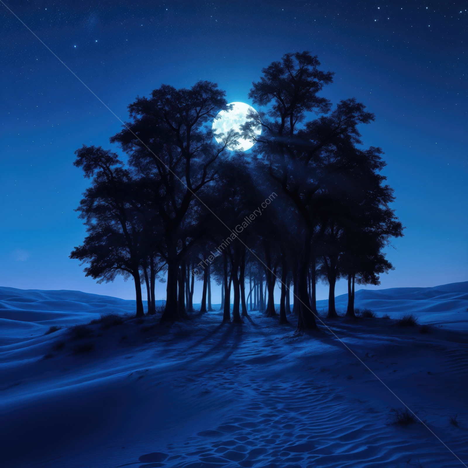 Moonlit grove encircled by mystic shadows during twilight, inviting exploration and wonder amid serene beauty