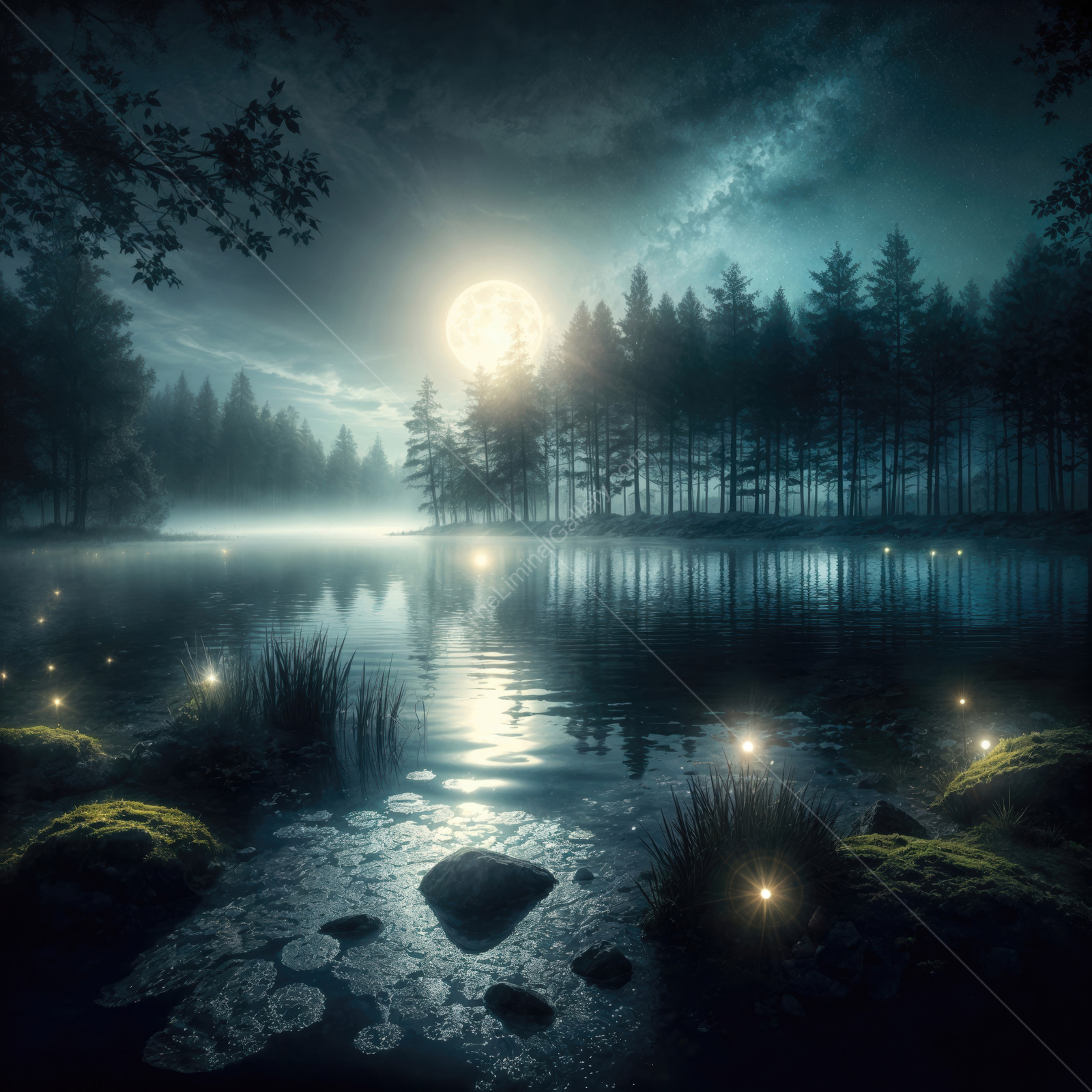 Moonlit tranquility over a misty lake reveals glowing lights and shadowy trees at dusk