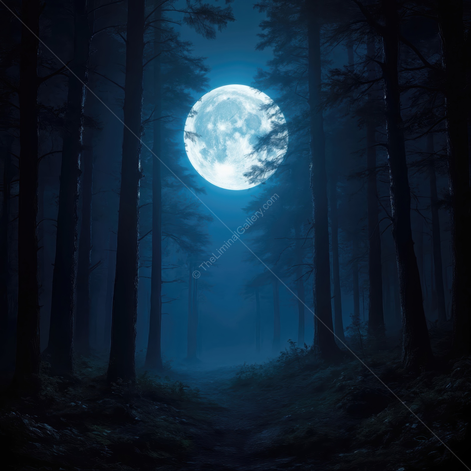 Moonlit path through a mystical forest at night reveals enchanting scenes and shimmering light