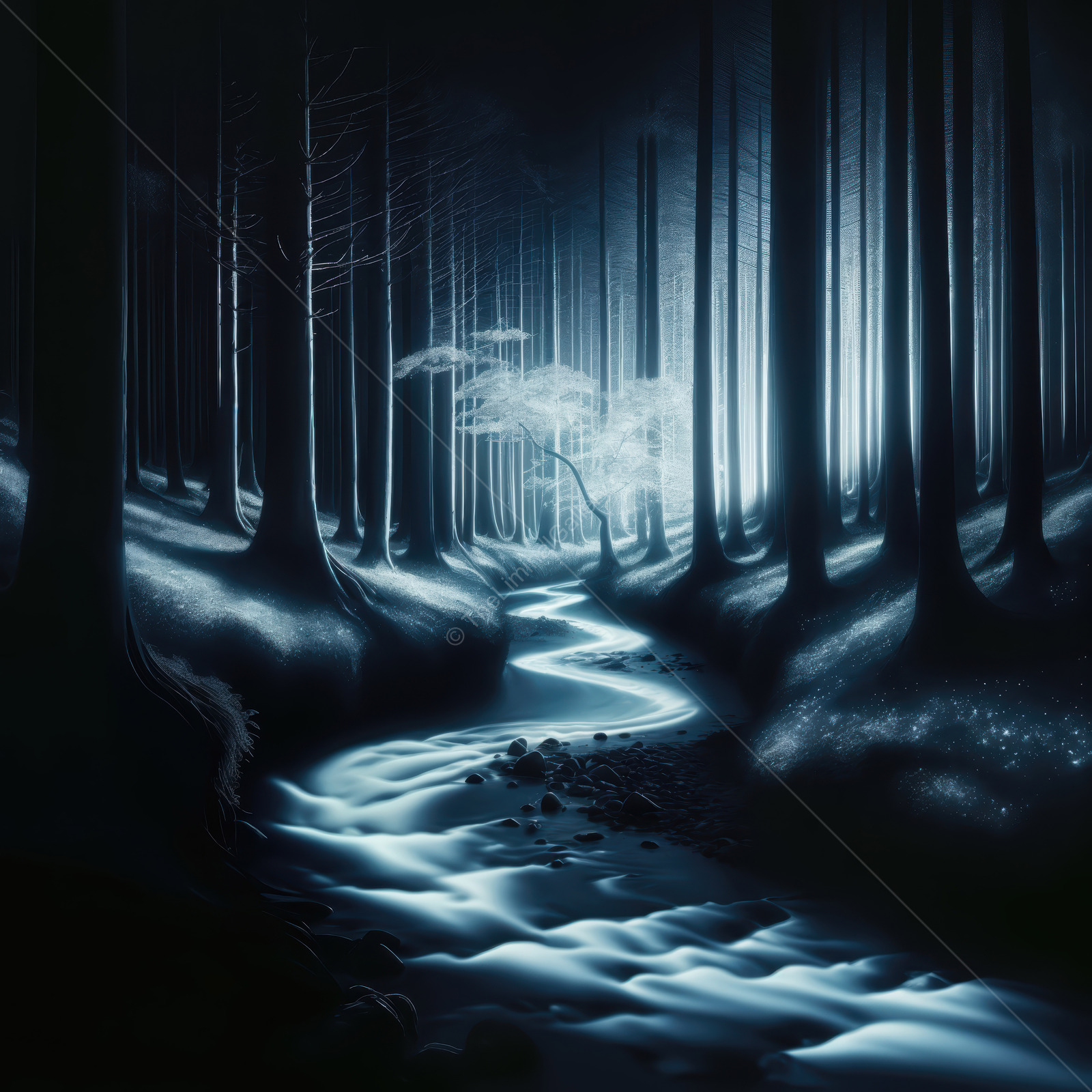 Nighttime river flows softly through a quiet, mystical forest under a moonlit sky