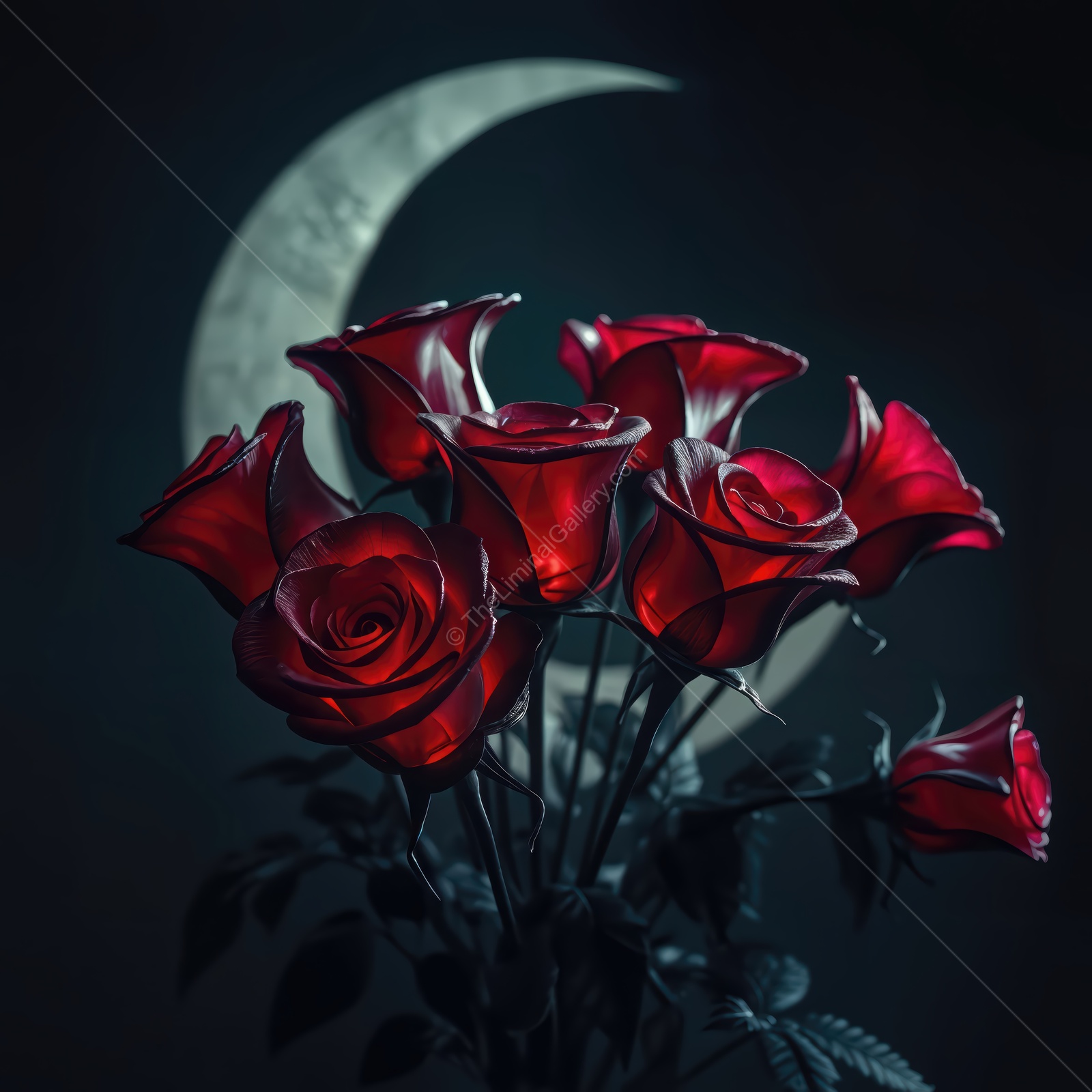 Roses blooming in the moonlight create a mystical atmosphere of beauty and magic in the night garden