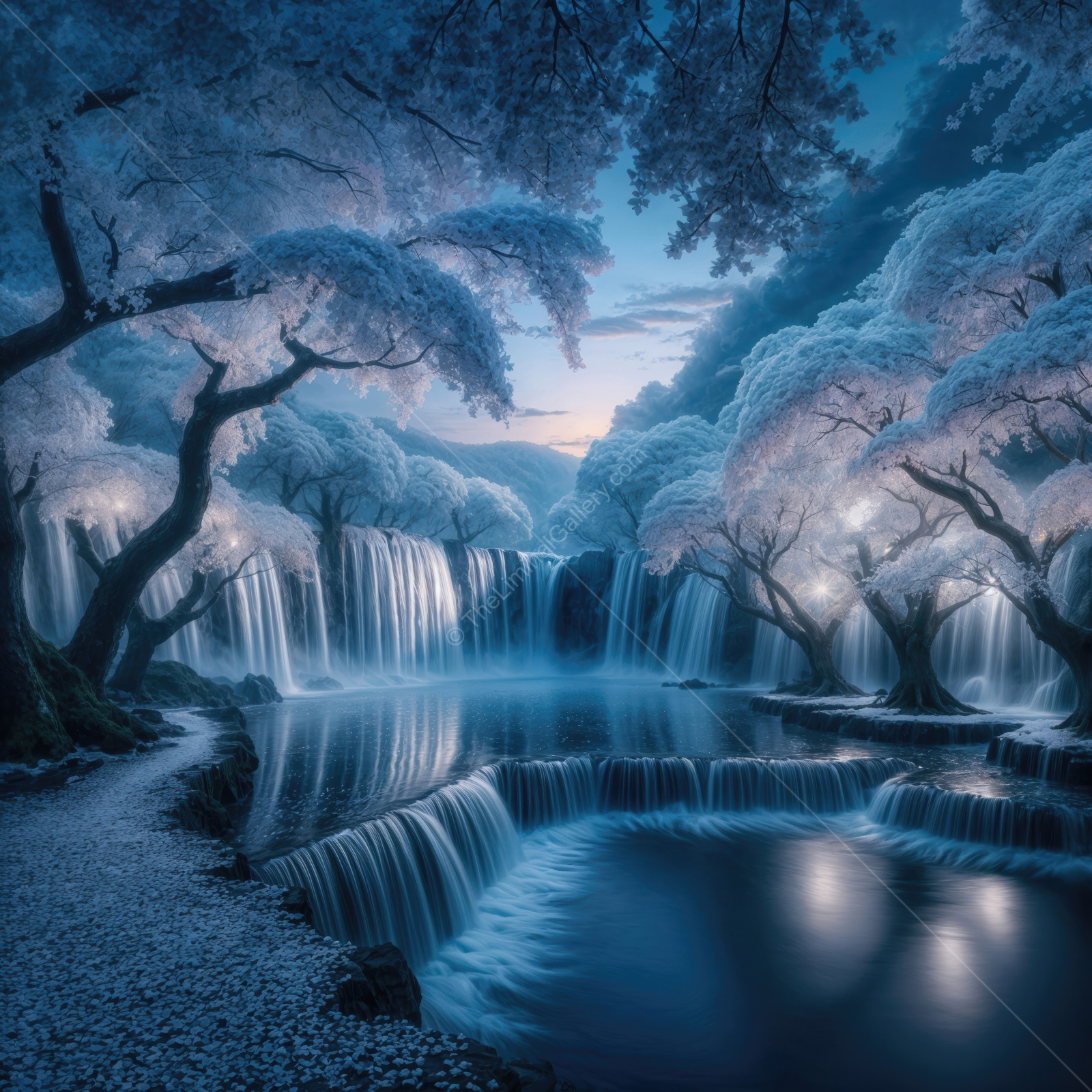 Enchanted waterfalls under a moonlit sky with blooming trees and serene waters
