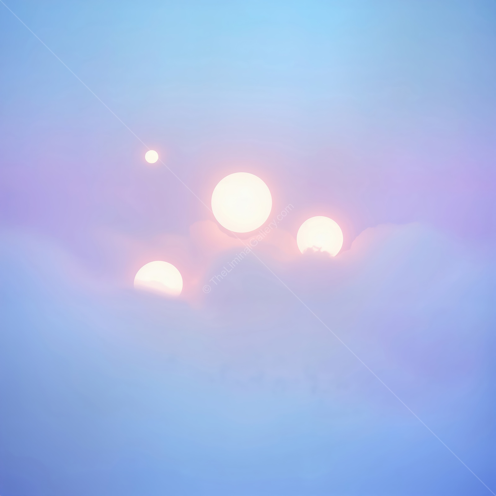 Ethereal glow of multiple suns rising through a soft, dreamy fog in a magical landscape