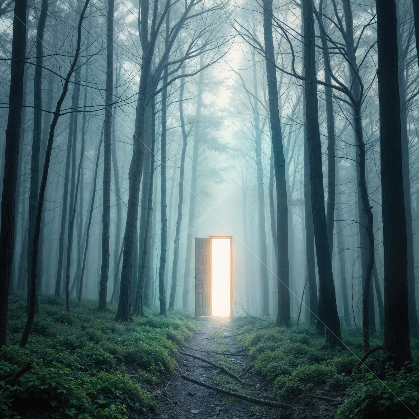 Mysterious liminal doorway glows amid foggy forest, inviting exploration and adventure