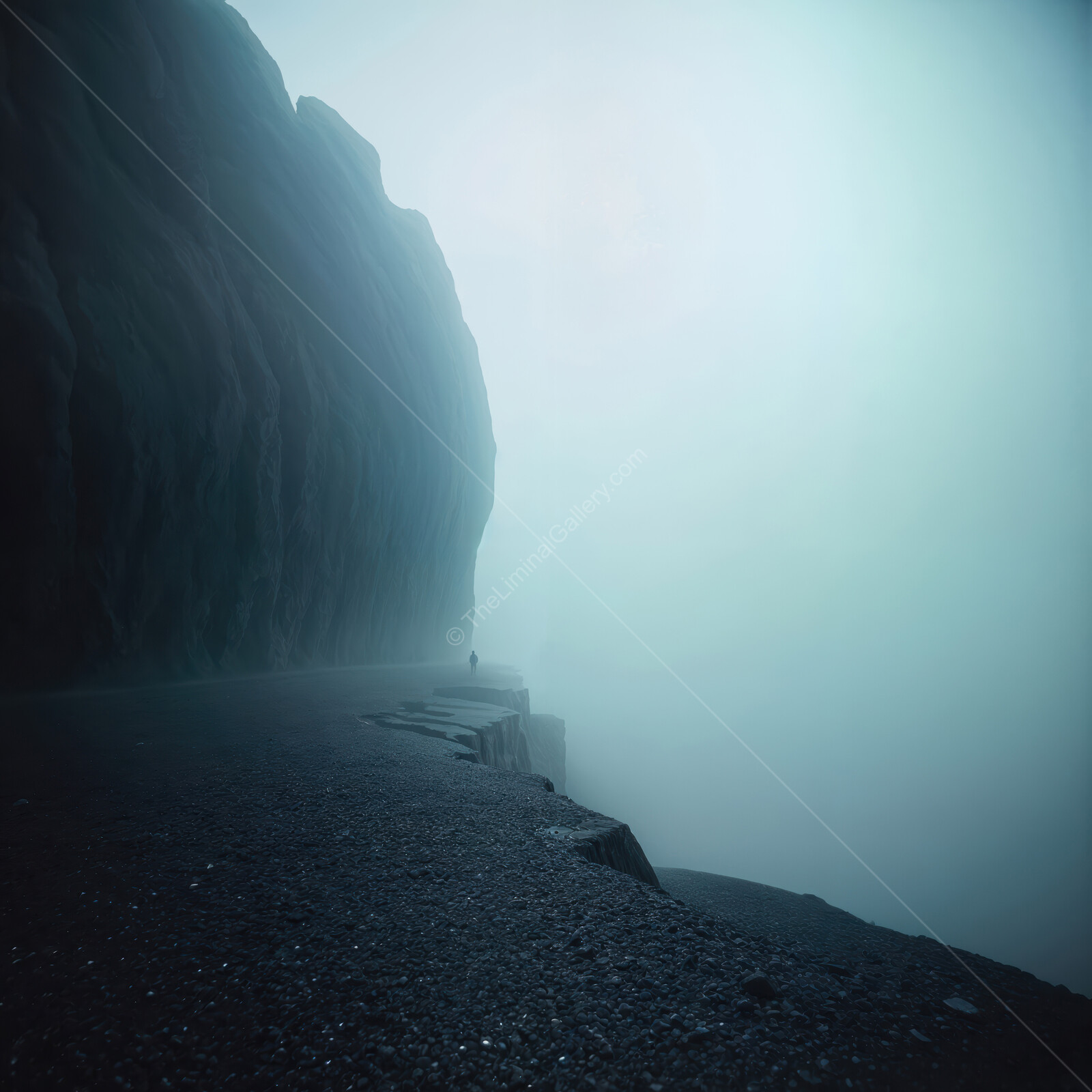 Mysterious fog envelops a solitary figure along a rugged coastal path at dawn