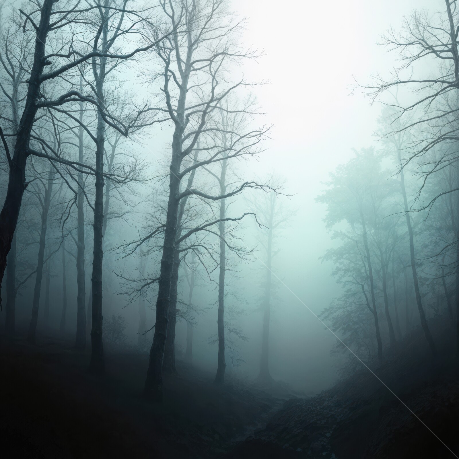 Mysterious fog envelops a serene forest as trees stretch towards the pale sky