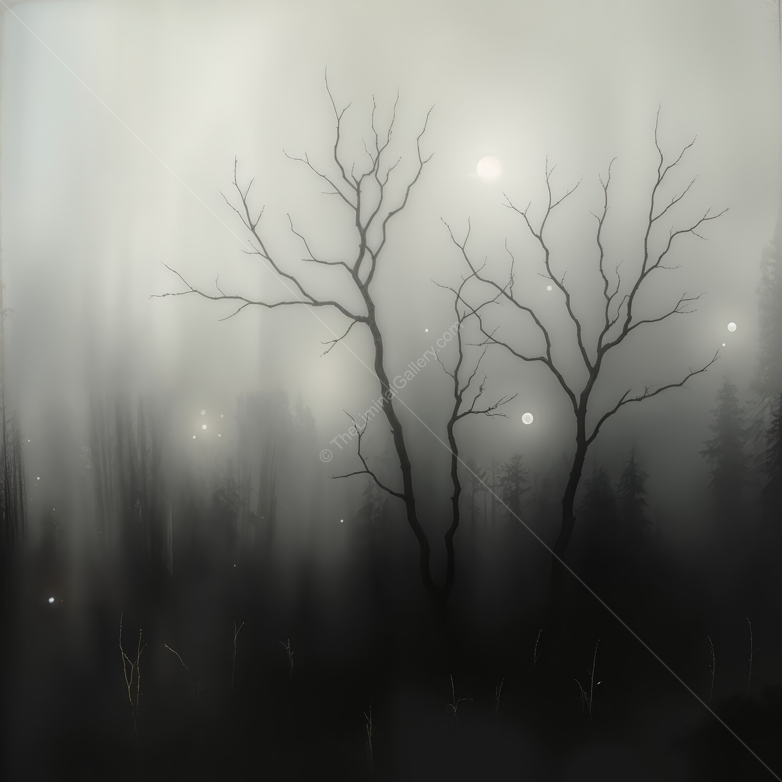 Mysterious forest twilight with silhouettes of bare trees and soft glowing orbs