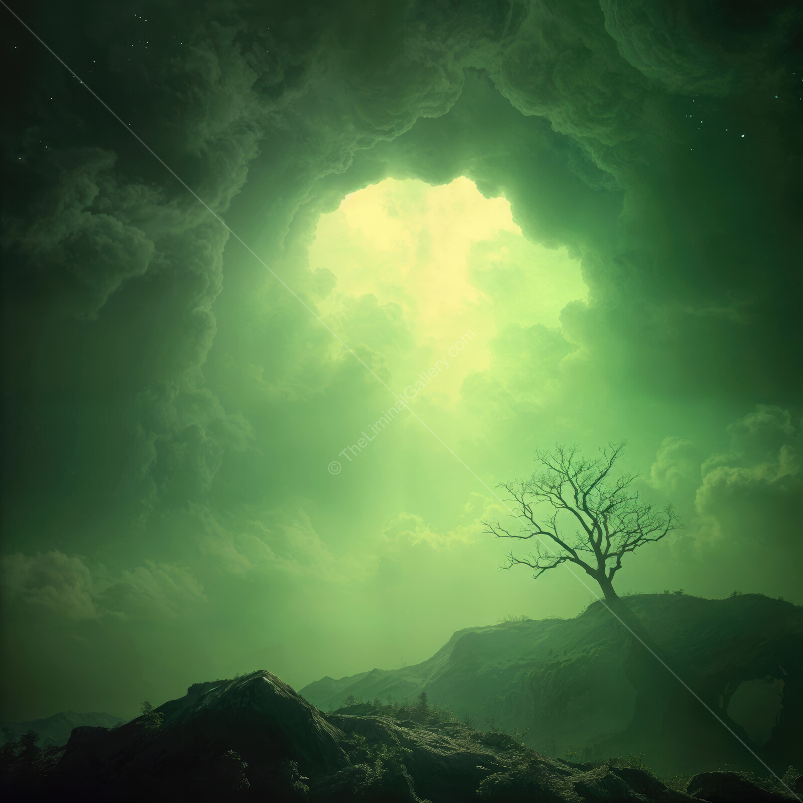 Mysterious green light shining through dark clouds over a lonely landscape