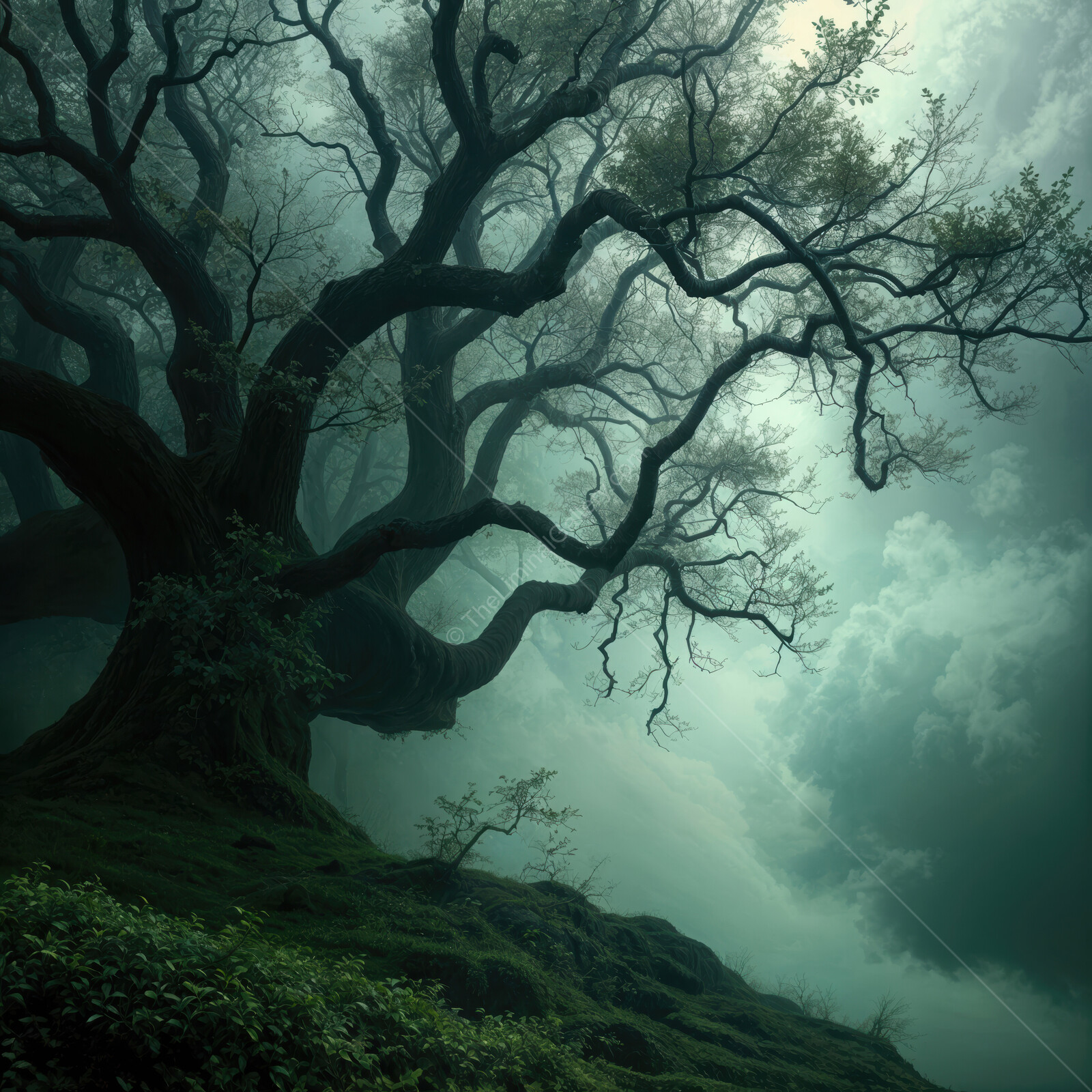 Mysterious liminal tree stands tall in a misty forest, capturing the essence of enchantment at dawn