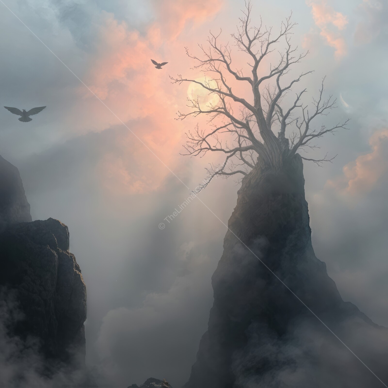 Mysterious silhouette of a tree atop a rocky peak under a dawn sky illuminated by a glowing sun