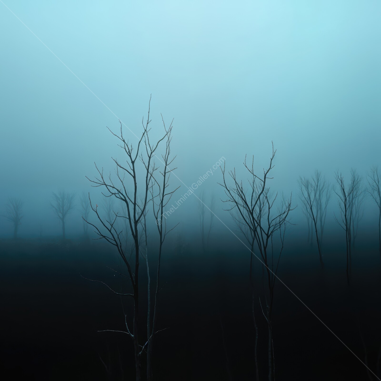 Mysterious silhouettes rise from the fog in a serene and tranquil landscape at dawn