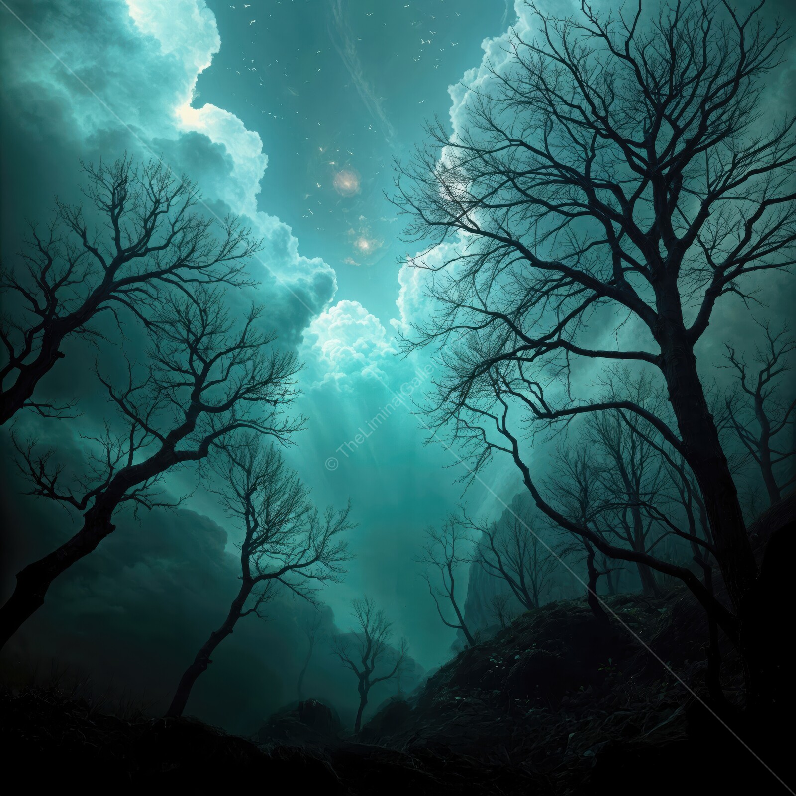 Mysterious twilight forest reveals cosmic wonders amidst dark trees