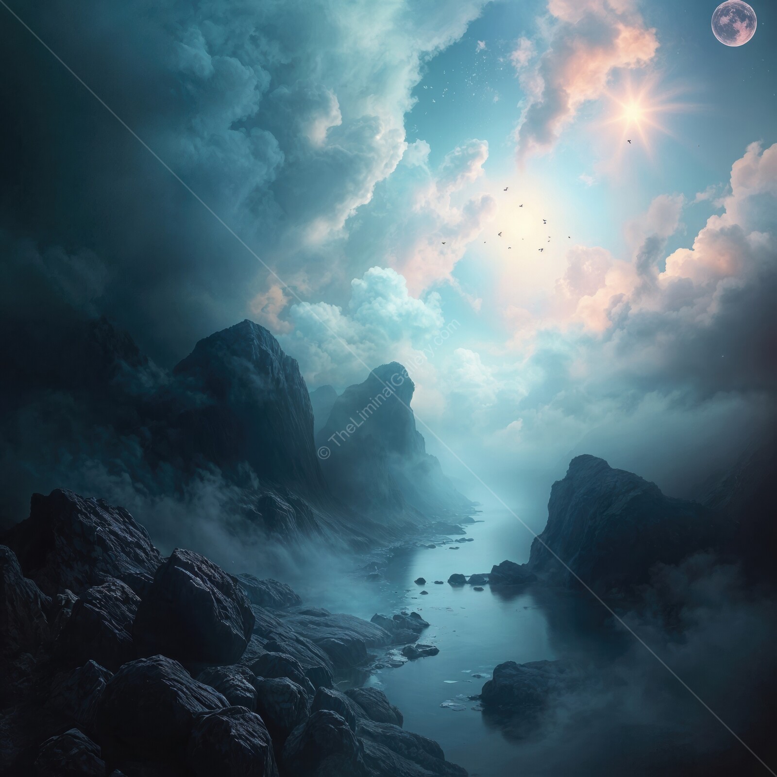 Mysterious twilight landscape reflecting soft light and ethereal clouds over tranquil waters