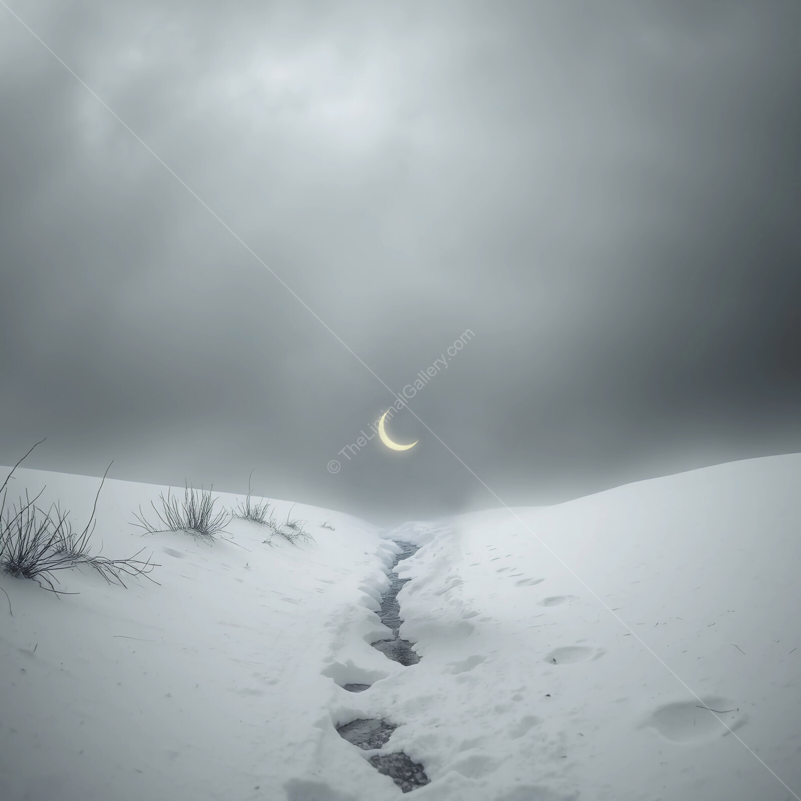 Mysterious liminal winter path leads to a hidden crescent moon in a snow-covered landscape