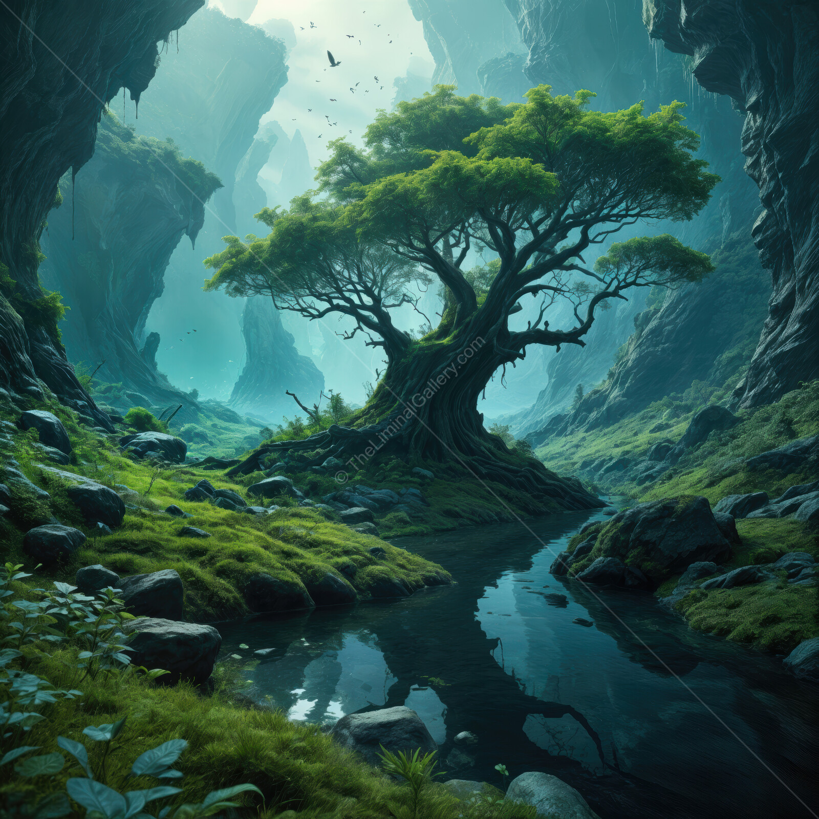 Enchanting alien landscape featuring a mystical tree by a shimmering river at twilight