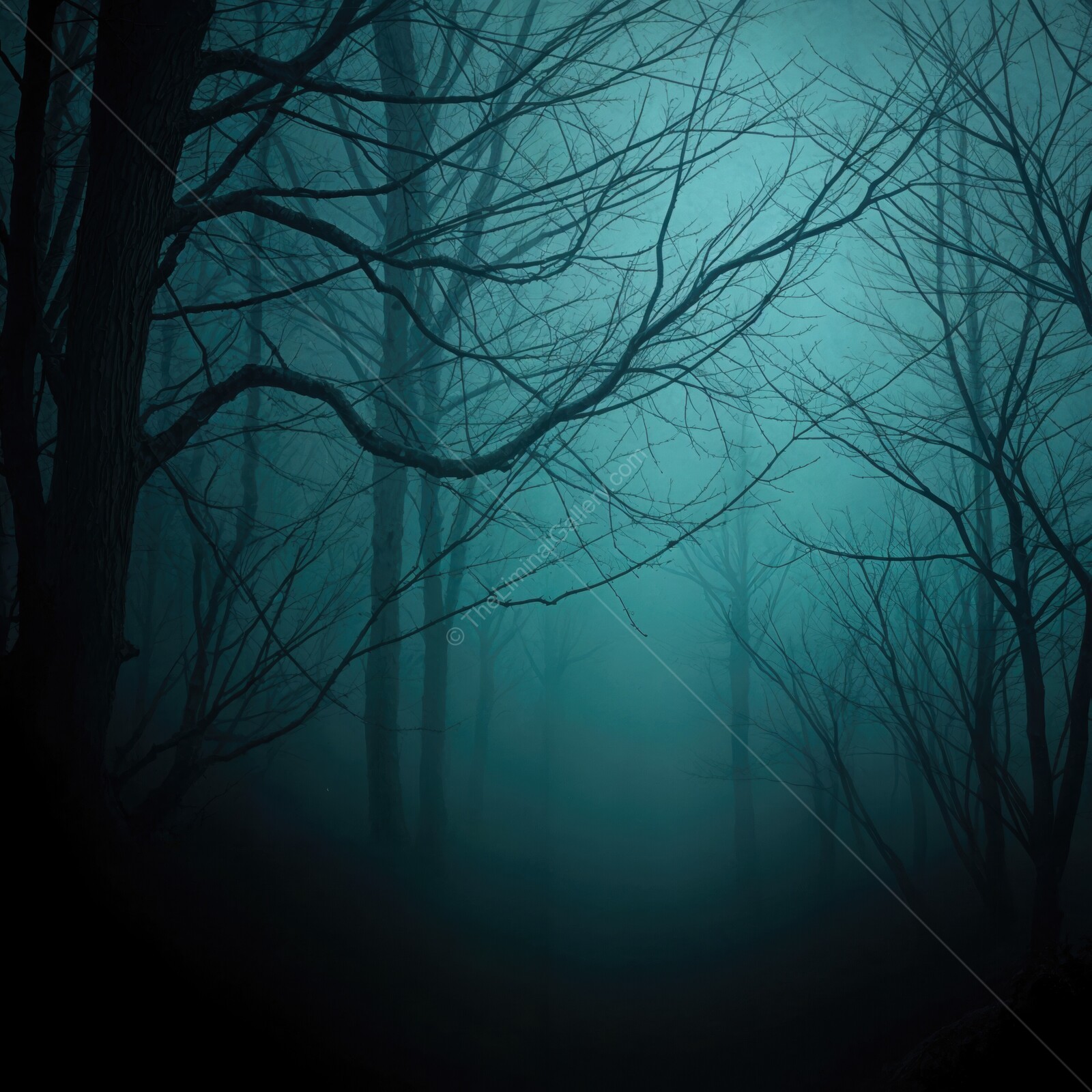 Mystical forest enveloped in fog creates an eerie atmosphere at twilight