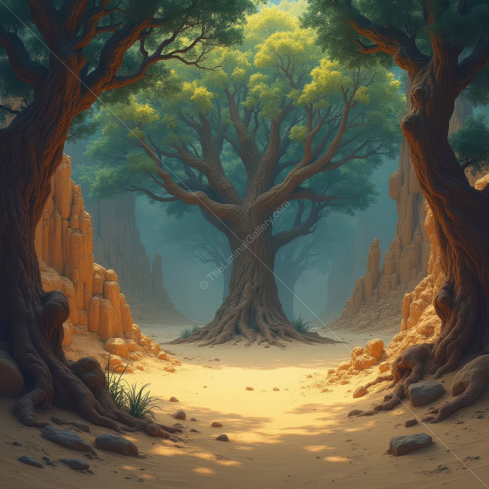 Exploring the liminal beauty of a mystical forest with ancient trees and serene pathways