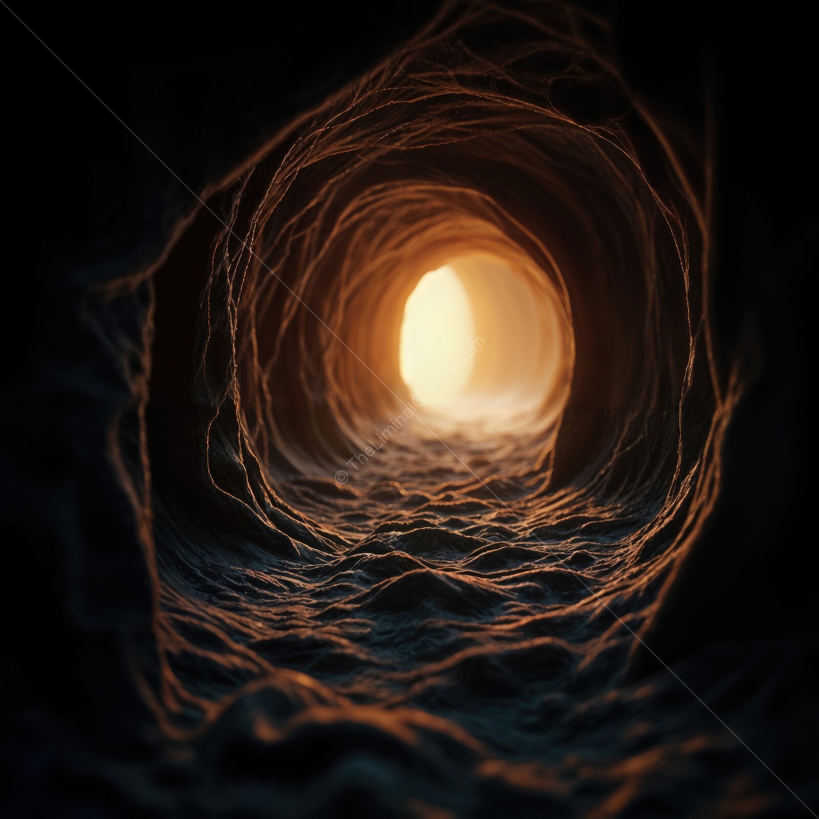 Mystical glow at the end of a winding cave tunnel on a serene evening