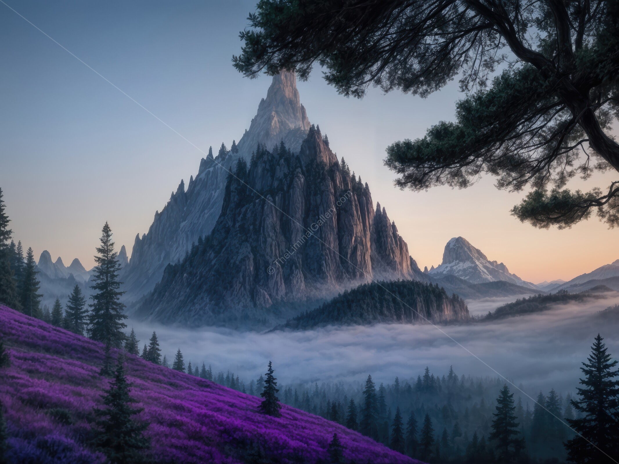 Majestic mountain rises above a sea of vibrant purple flowers at dawn