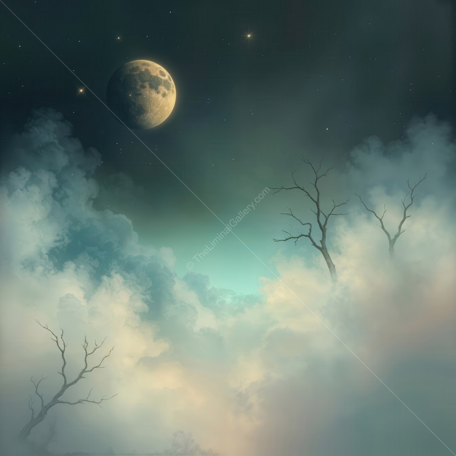 Mystical night sky filled with stars, a glowing moon and ghostly trees softly fading into an ethereal fog