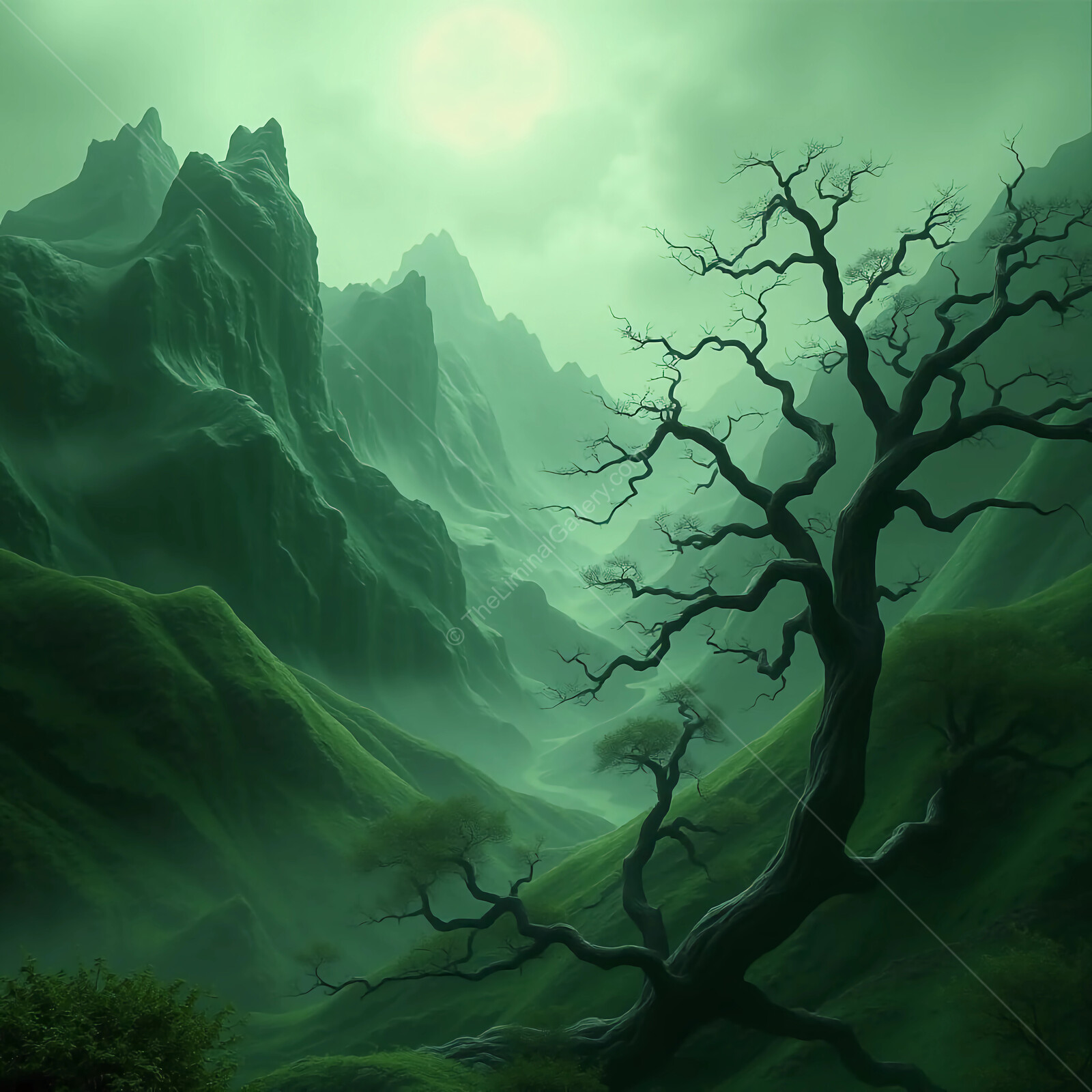 Mystical valley shrouded in fog, with twisted trees and towering mountains at twilight