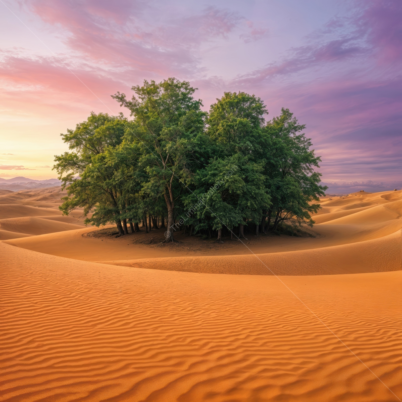 Liminal oasis amidst swirling sands at dusk creates an enchanting and surreal atmosphere