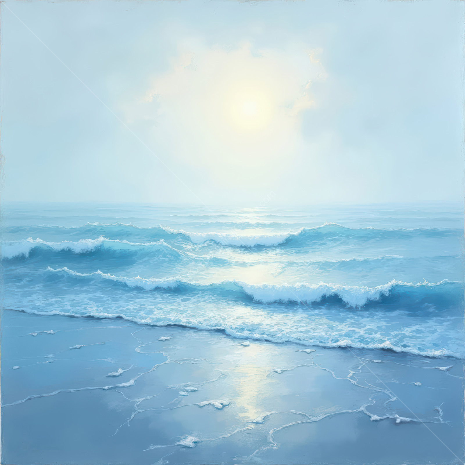 Captivating waves dance under a serene morning light along a tranquil ocean shore, evoking liminal beauty and peace