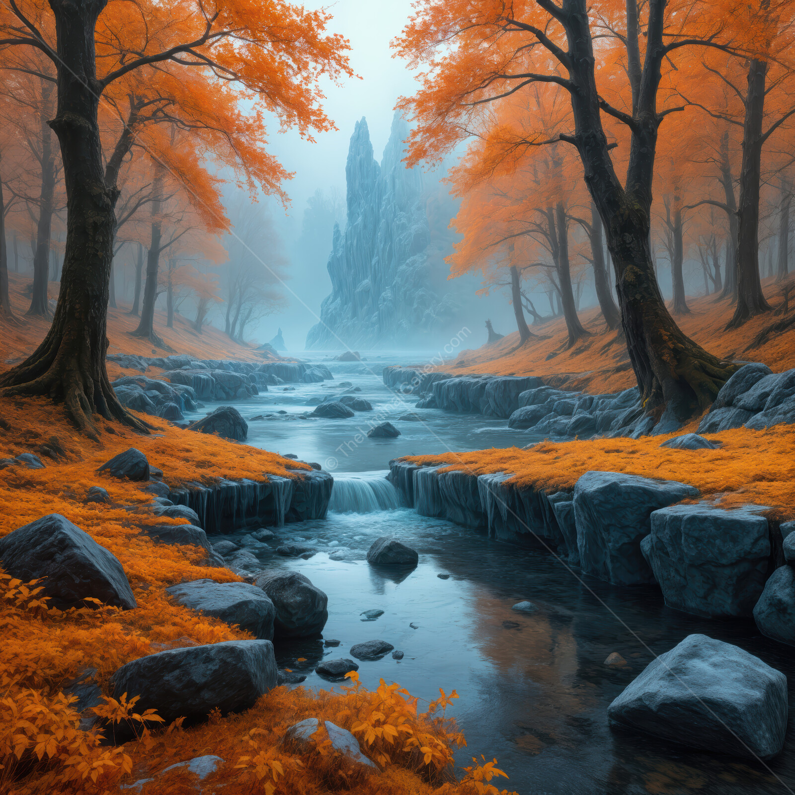 Mystical river valley surrounded by vibrant orange trees and a towering rock formation at dawn