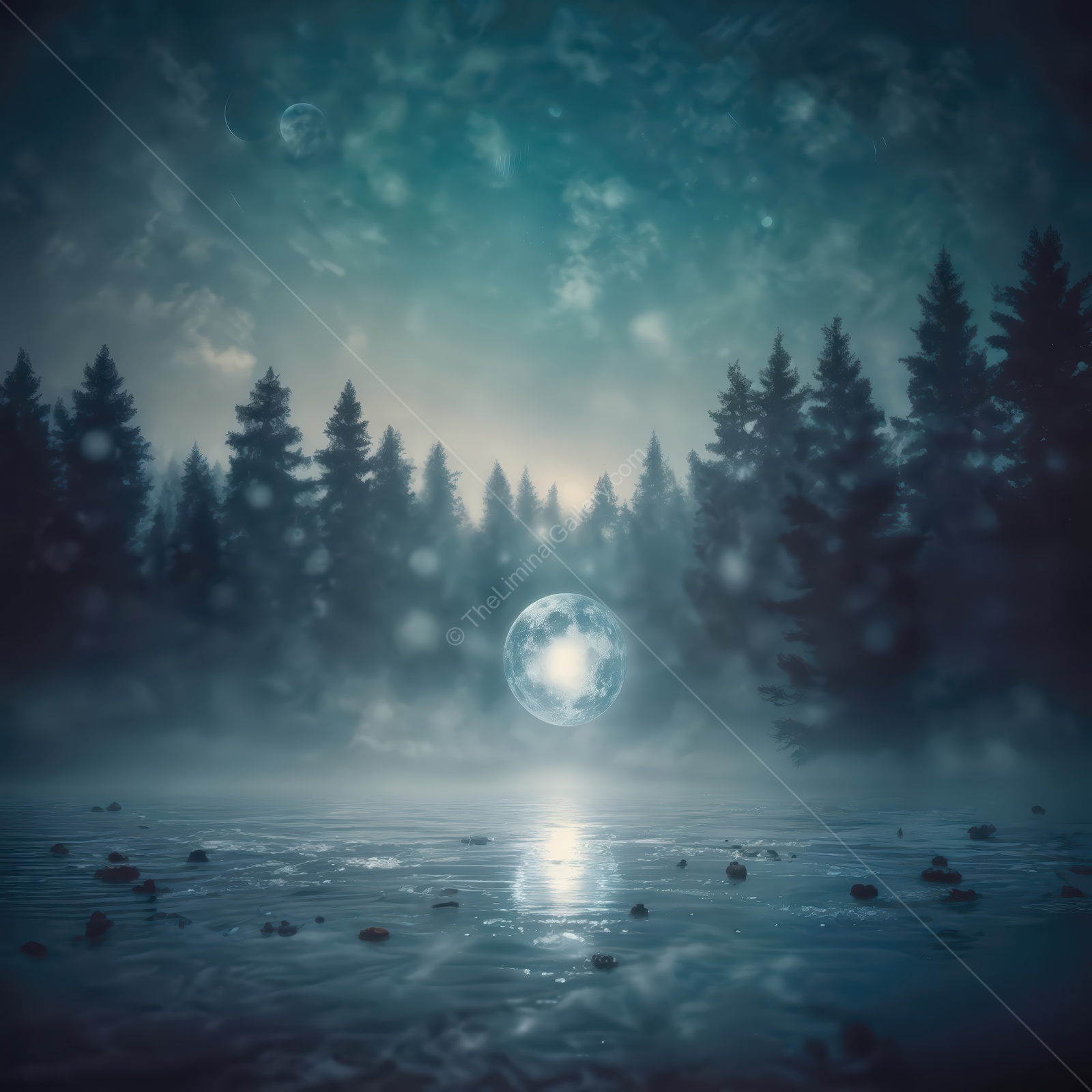 Liminal moments in nature with a mystical orb reflecting on a foggy water surface at dawn