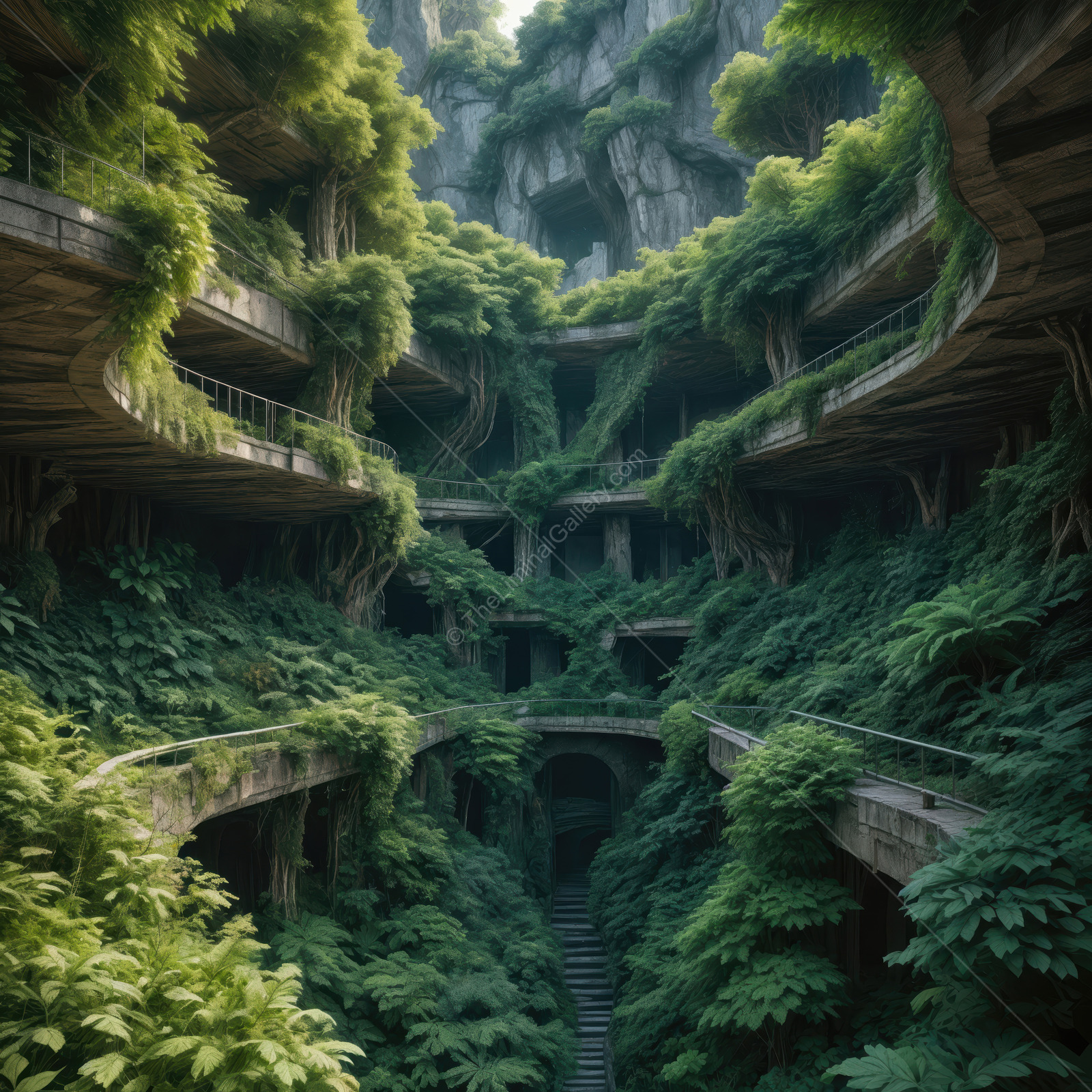 Lush green foliage embraces a forgotten structure nestled in nature's embrace at twilight