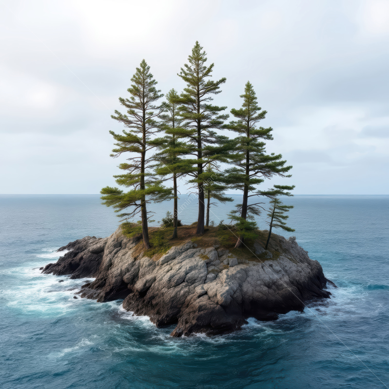 Majestic pine trees atop a rocky isle surrounded by tranquil ocean waves at the edge of twilight