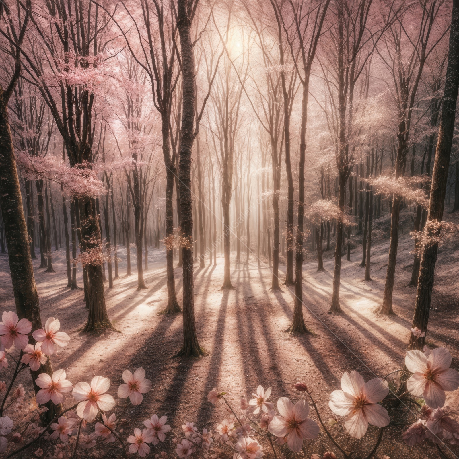 Mysterious pink forest enveloped in soft light during the serene time of dawn