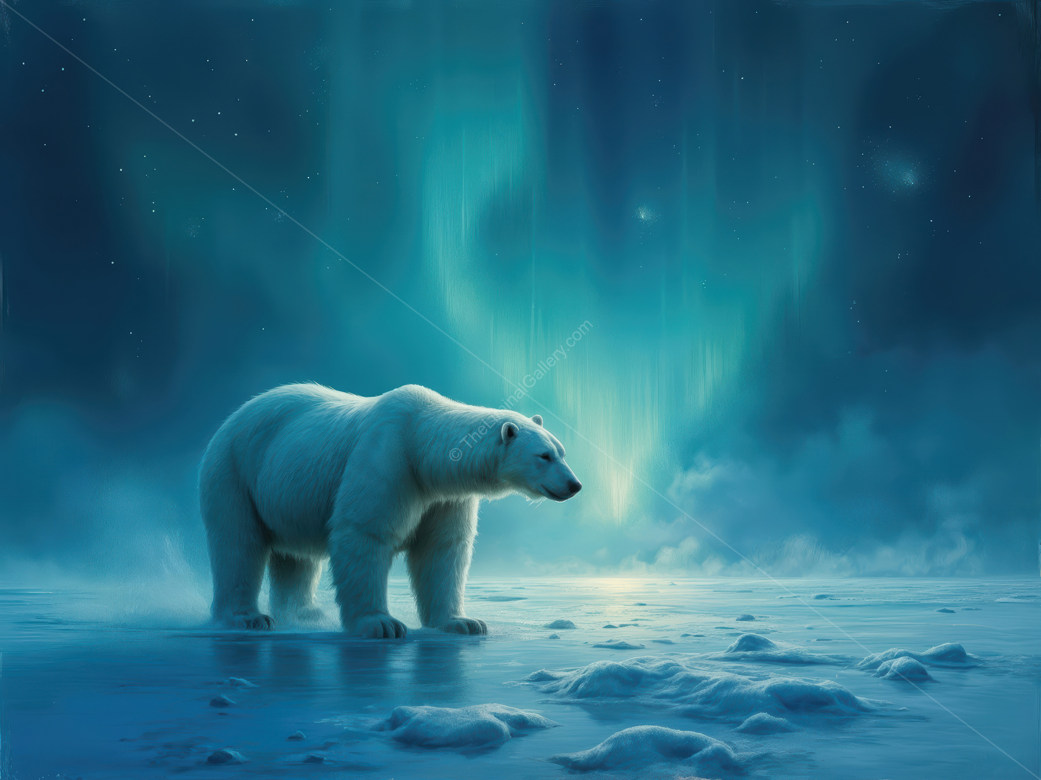 Majestic polar bear encounters shimmering aurora in a tranquil wintry landscape under a starry sky