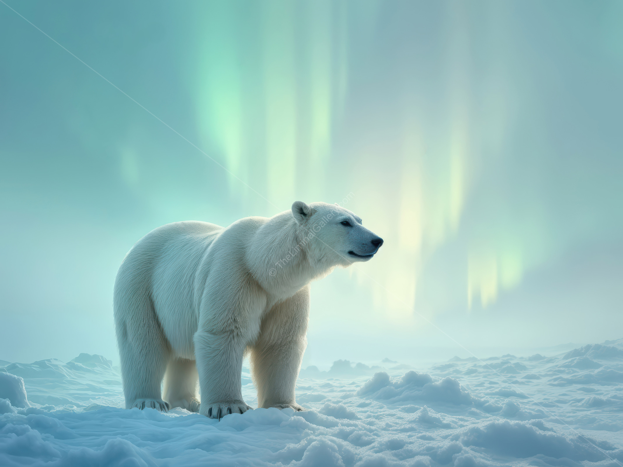 Polar bear exploring a surreal landscape under the enchanting northern lights