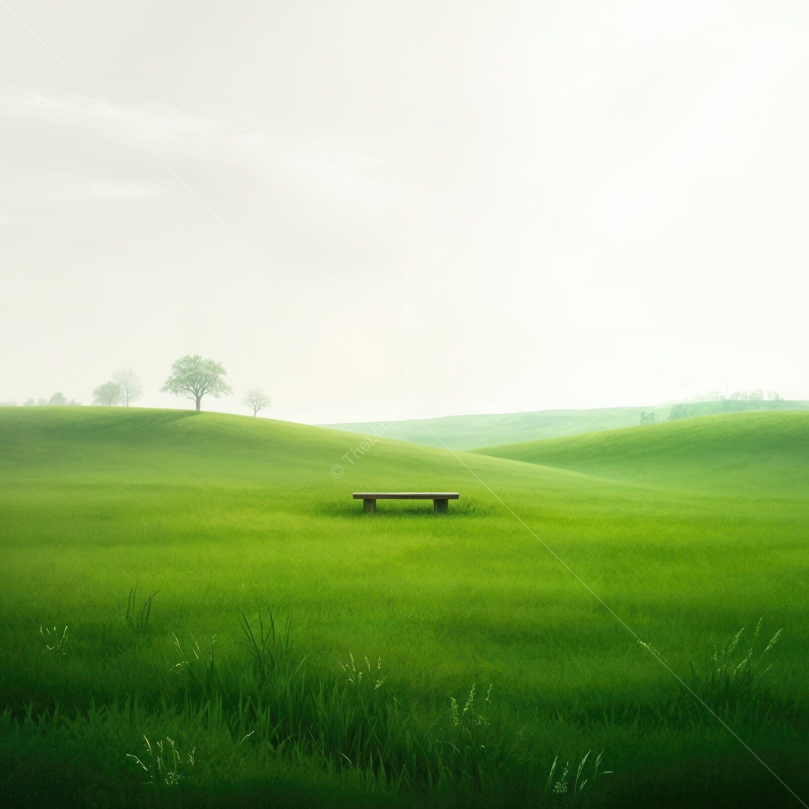 Quiet moments in a serene liminal green landscape with a solitary bench under soft light