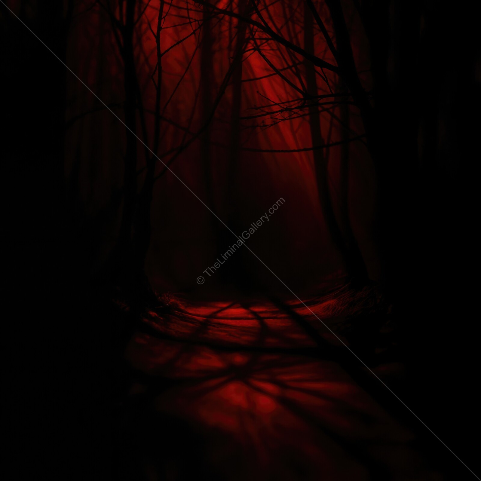 Mysterious red-lit forest path shrouded in shadows and enveloped in an eerie atmosphere at twilight