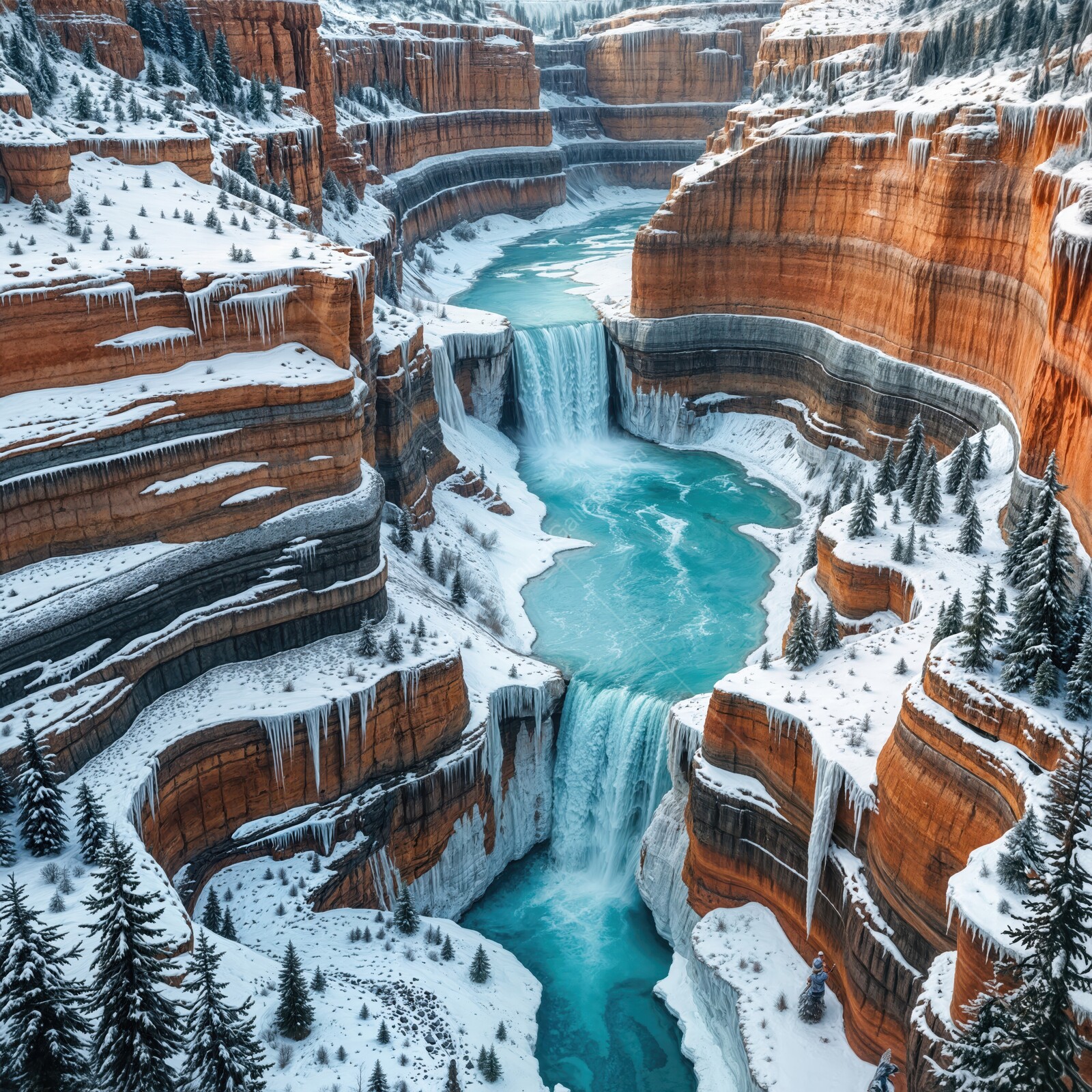 Majestic waterfall cascades through red rock canyons in a winter wonderland