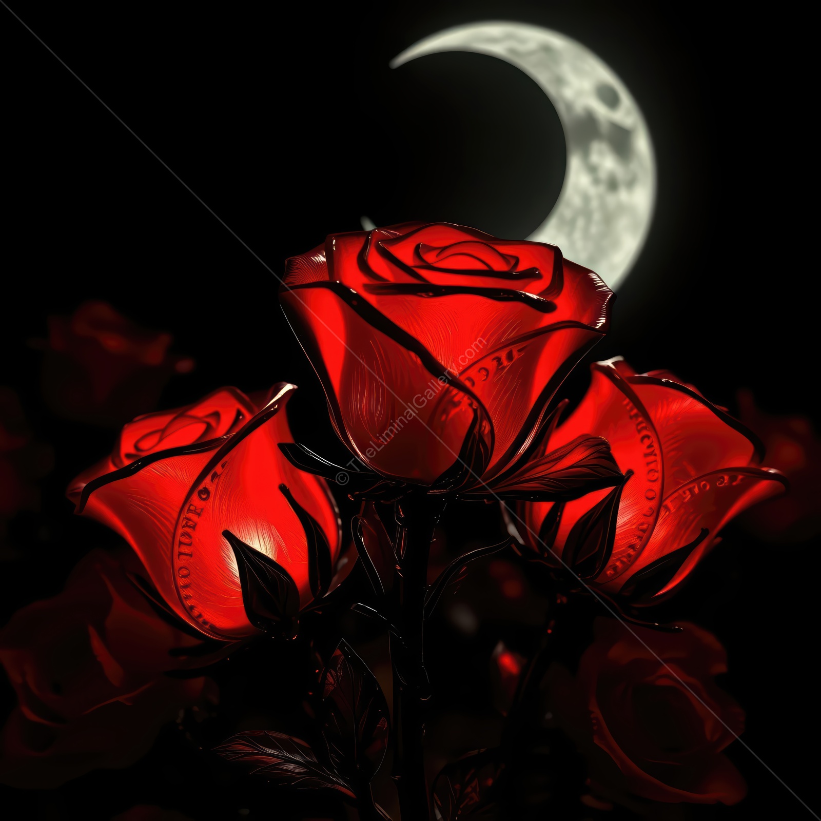 Red roses bloom under a glowing moon amidst a dark and mystical garden setting