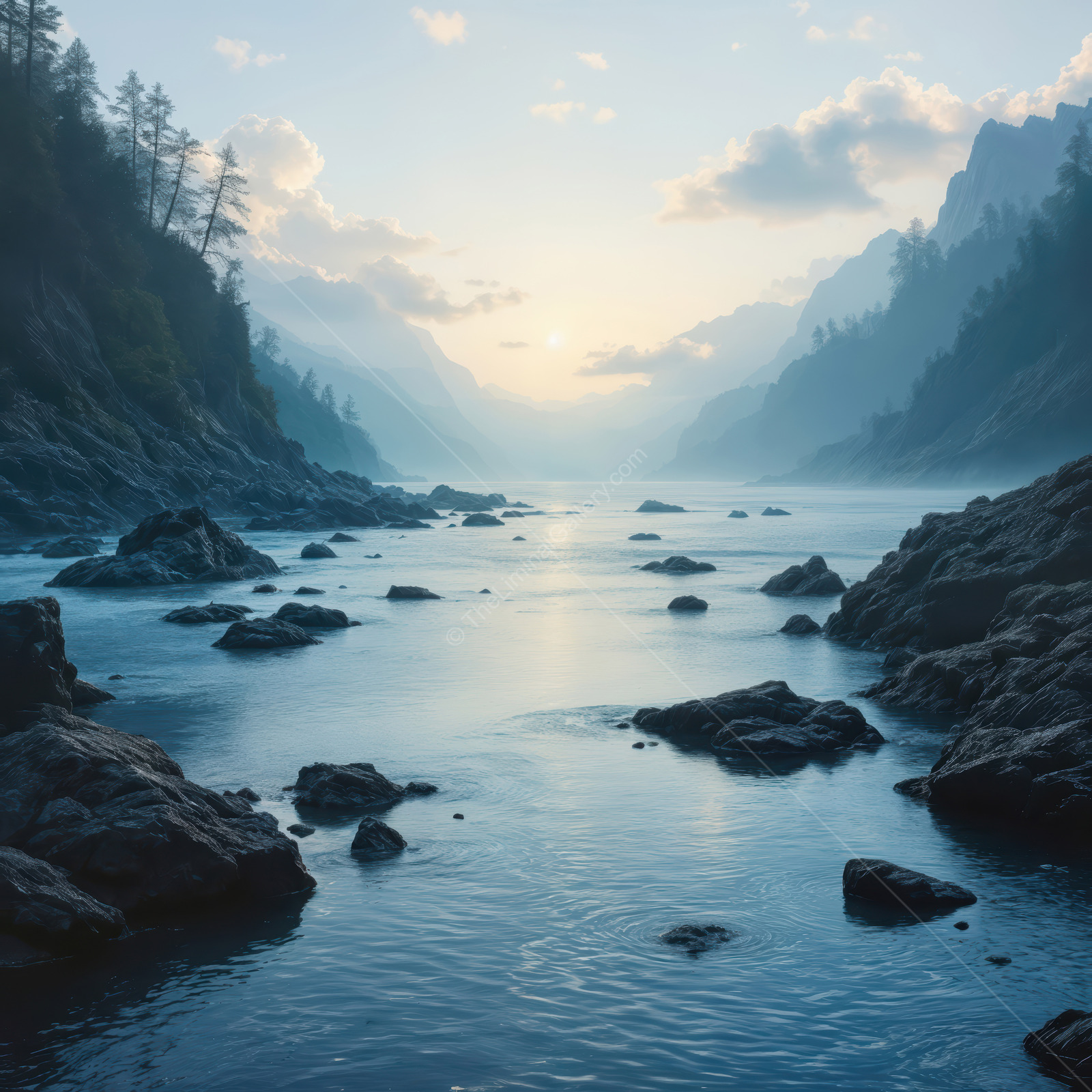 Misty dawn illuminates a tranquil river winding through a liminal landscape of stone and water